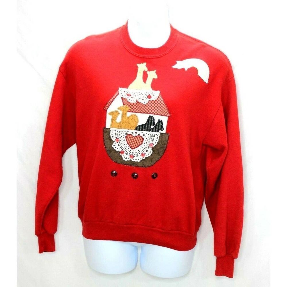 Vintage JERZEES Sweatshirt Sz Large Red Embroidered Noah's Ark Made in USA